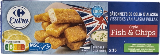 CARREFOUR EXTRA BÂTONNETS DE COLIN D'ALASKA STYLE FISH & CHIPS CARREFOUR EXTRA BÂTONNETS DE COLIN D'ALASKA STYLE FISH & CHIPS