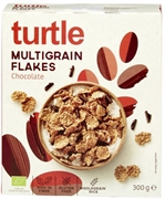 TURTLE FLOCONS MULTICÉRÉALES AU CHOCOLAT NOIR, BIOLOGIQUES ET SANS GLUTEN.